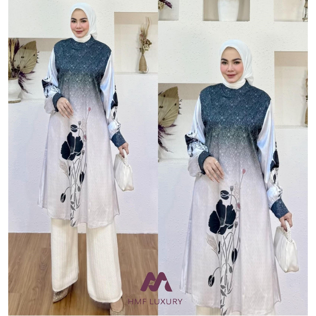 HMF long tunik silk silky motif monogram etnik sabira series by HMF Luxury