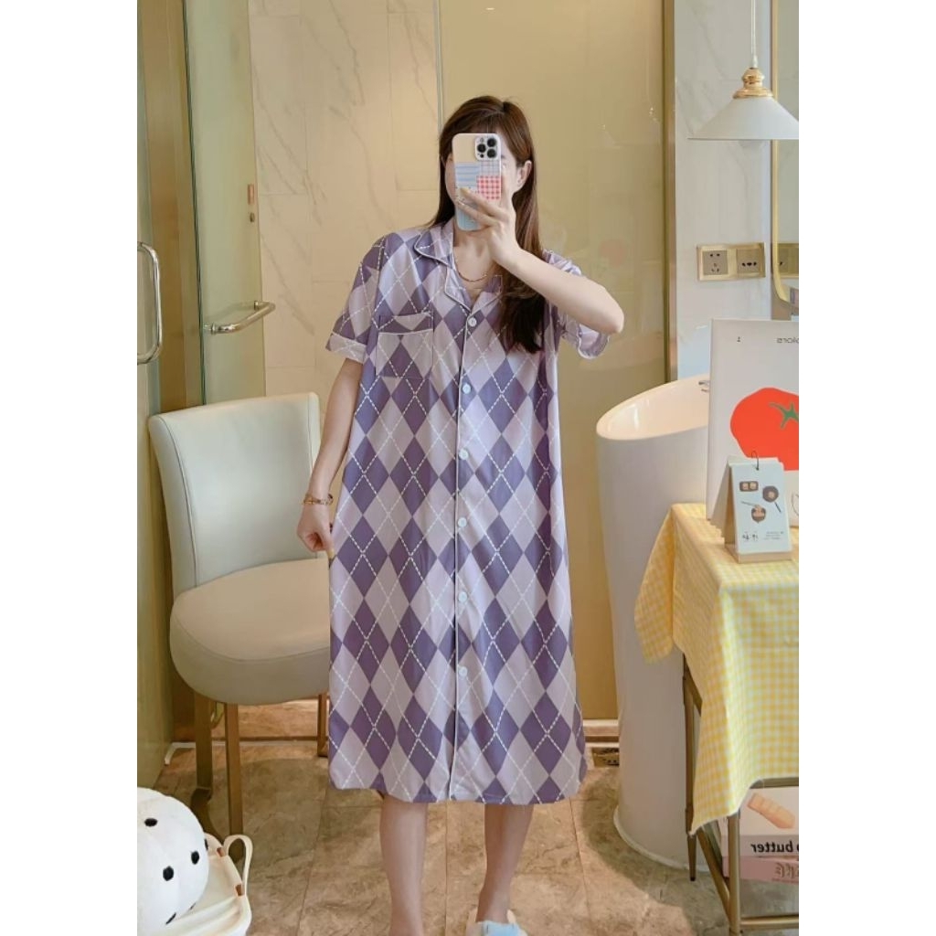 Daster Dress Kancing Import Wanita Ala Korean Style Berkerah Persegi Ungu