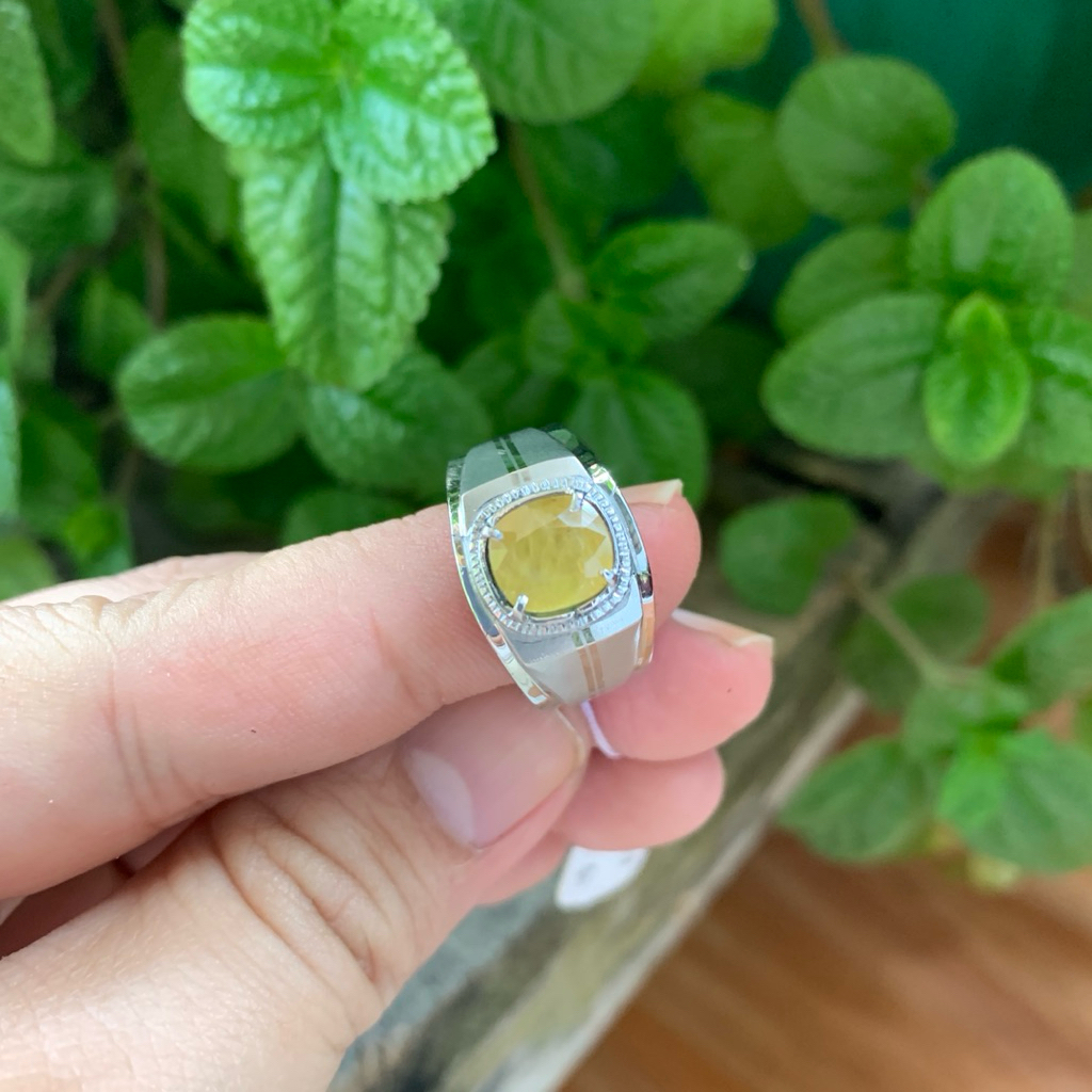 Cincin Batu Natural Yakut Yellow Saphire Ring Monel Doff Handmade Size 7