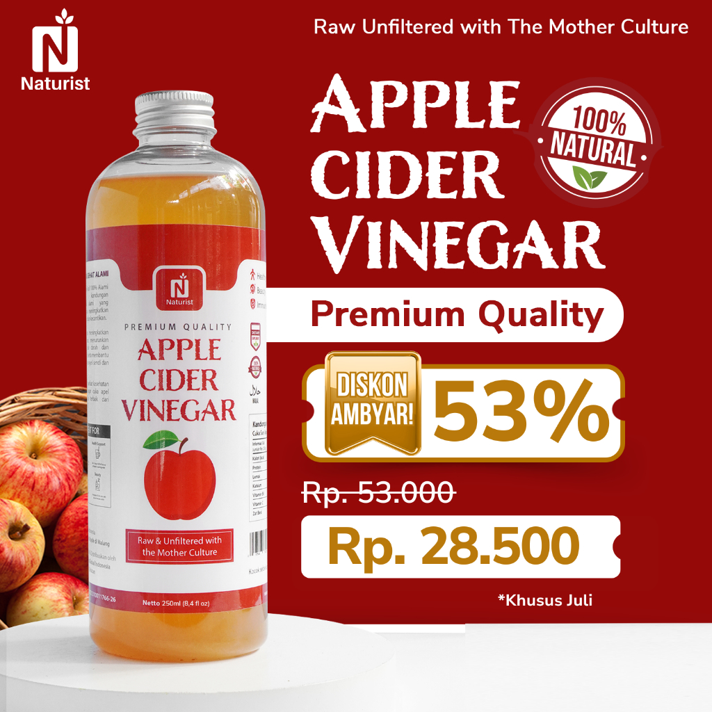 

NATURIST Cuka Apel 500ml Apple Cider Vinegar With The Mother Minuman Diet Detox Alami Sehat Tubuh