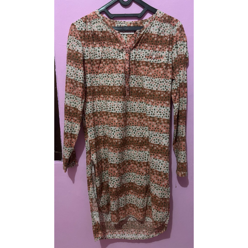 Preloved Corniche Long Dress Pink Merah Muda Peach Orange Jingga Coklat Brown Putih White Bunga Flow