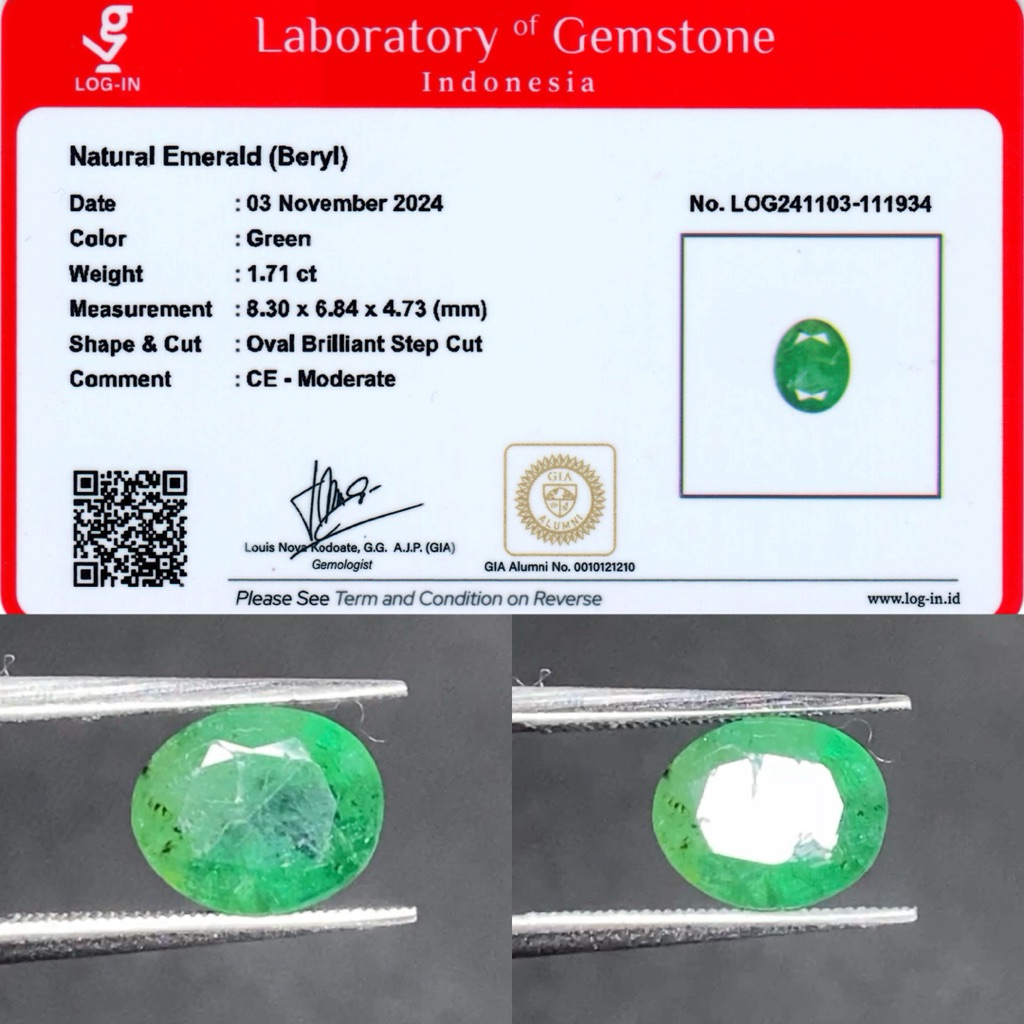 1,71 cts Natural Zamrud / Emerald Beryl origin Zambia Est CE Moderate Memo LOGIN
