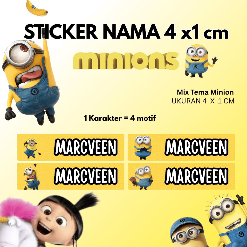 

100 pcs Siap kirim Sticker Nama Minion Ready 4x1cm Custom Sticker Tahan Cipratan Air bisa Custom