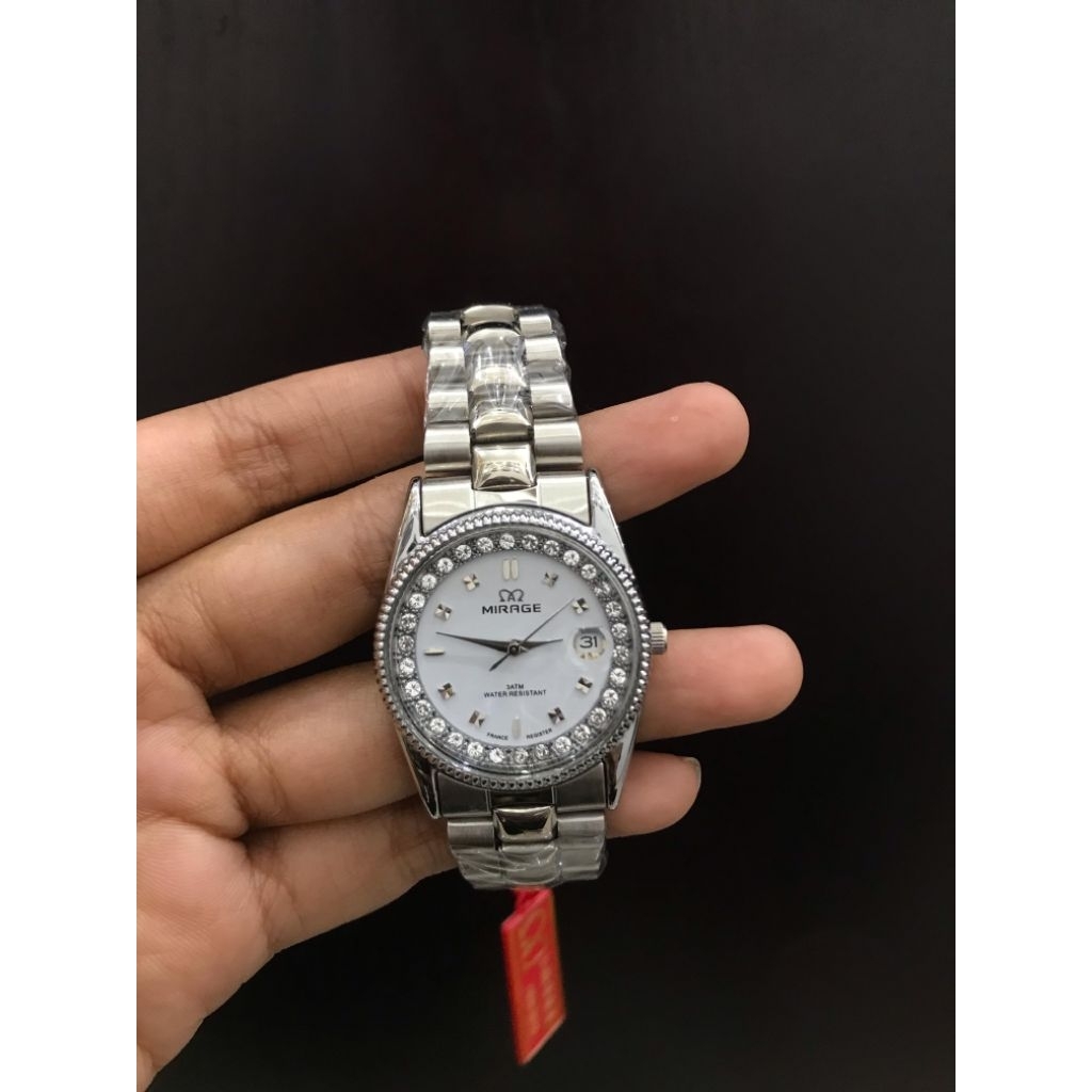Jam Tangan Mirage Cewe Permata Plat Putih Stainless Steel Tahan Air