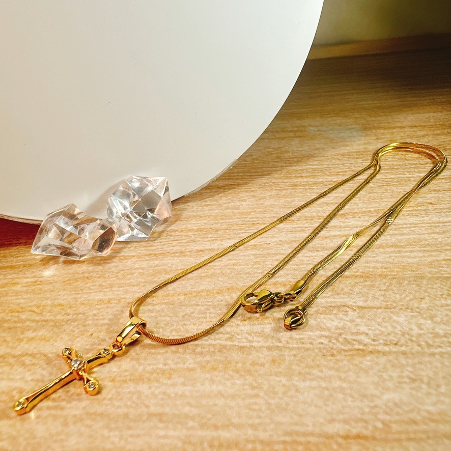 Kalung Liontin Salib Permata Rantai Italy Gepeng Gold