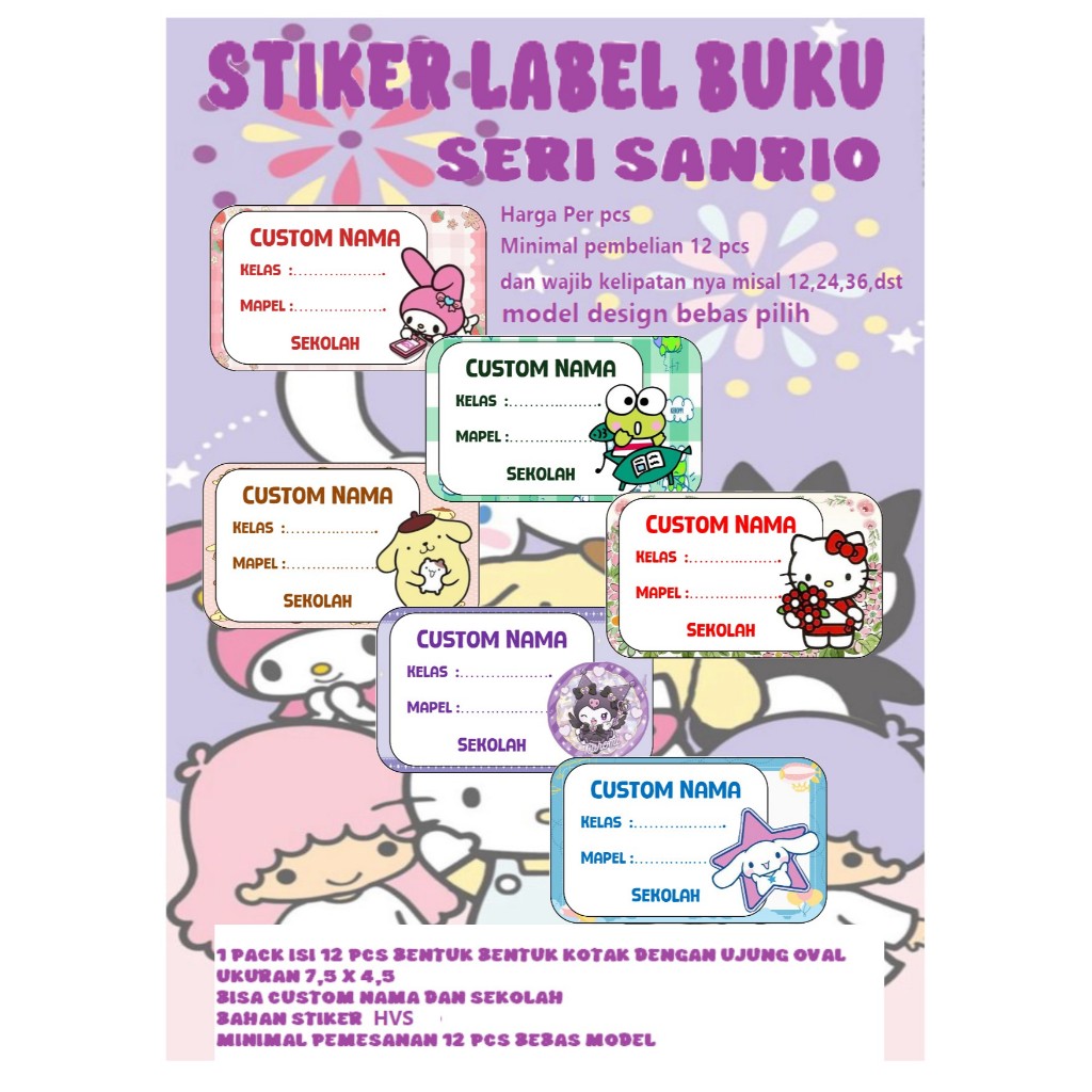 

Sticker stiker Label Buku Pelajaran Custom Nama dan sekolah SANRIO SERIES KARAKTER (sudah di cutting)