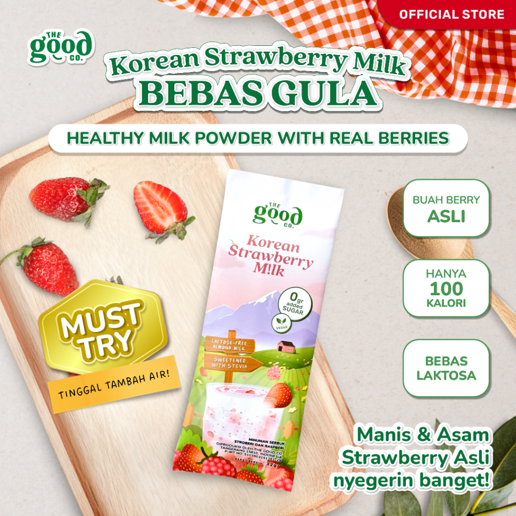 

The Good Co. – Bubuk Minuman Strawberry Vegan – Strawberry Asli, 100 Kal, TANPA GULA – Korean Strawberry Milk – 30g