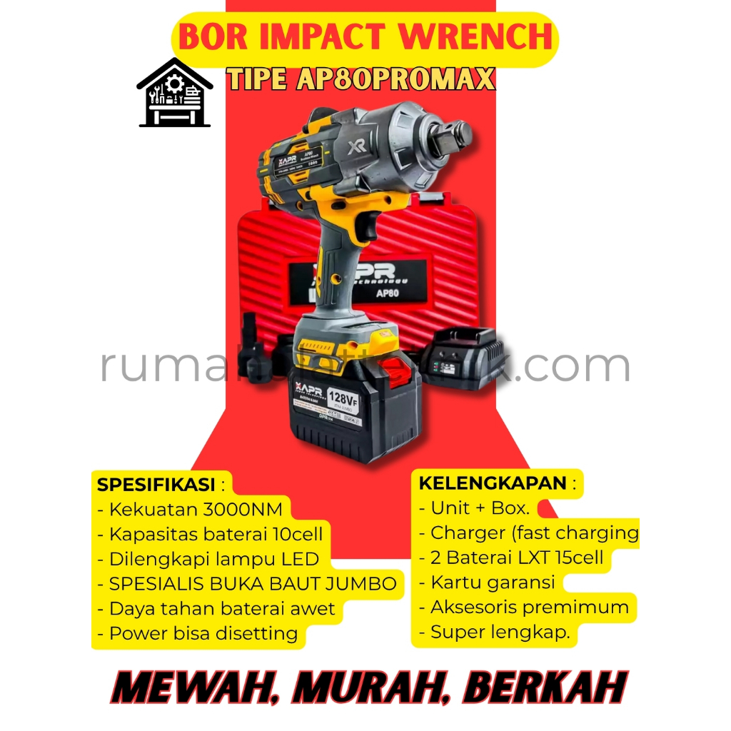 APR IMPACT WRENCH XTRA JUMBO 3/4INCH TYPE AP80 PROMAX 3000NM 2BATERAI GARANSI RESMI / Impact Apr Ap8