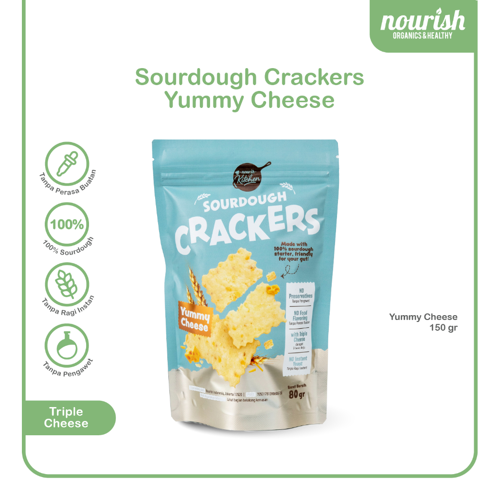 

Nourish Sourdough Crackers Yummy Cheese 80gr - 100% Sourdough, Tanpa Gula Rafinasi, Dengan 3 Jenis Keju
