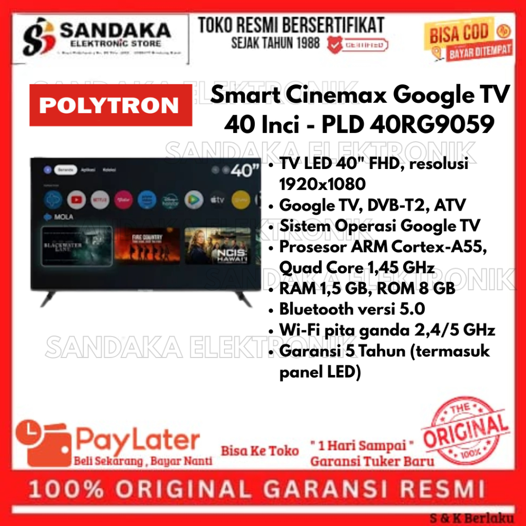 LED SMART TV POLYTRON 40 INCH PDL 40RG9059 CINEMAX GOGLE TV garansi resmi promo
