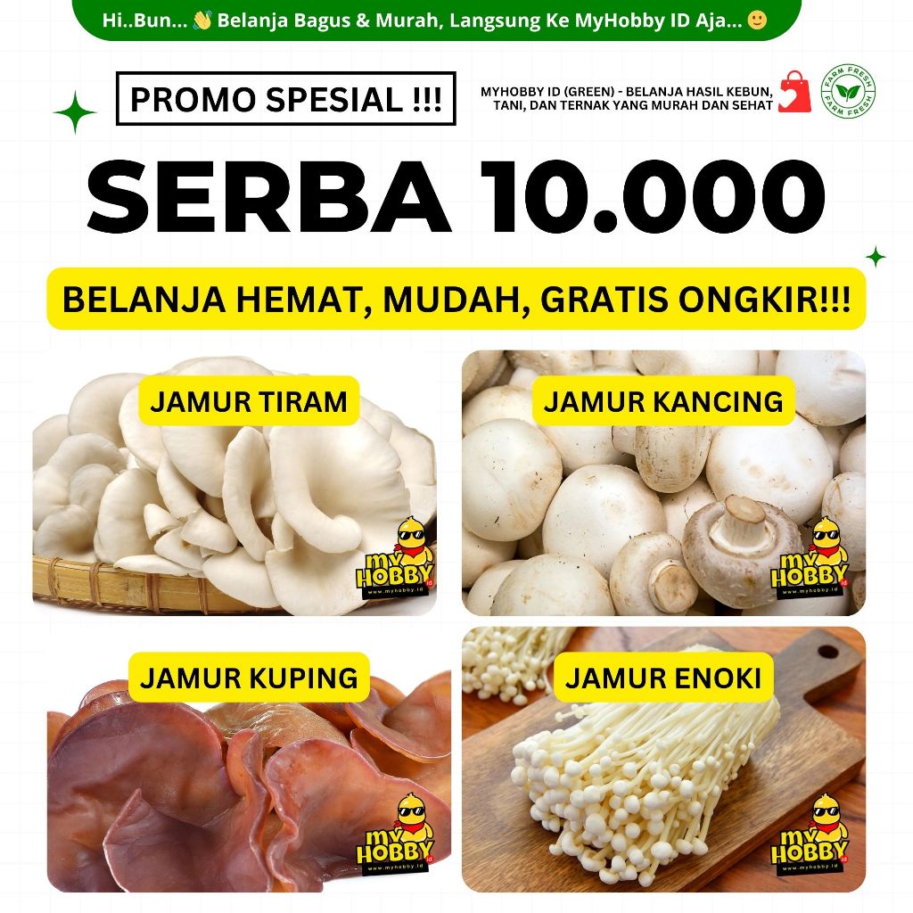 

PROMO! Aneka Jamur Enak & Segar, Serba 10.000! Jamur : Tiram, Kancing, Kuping, Enoki. 10000 10K 10rb
