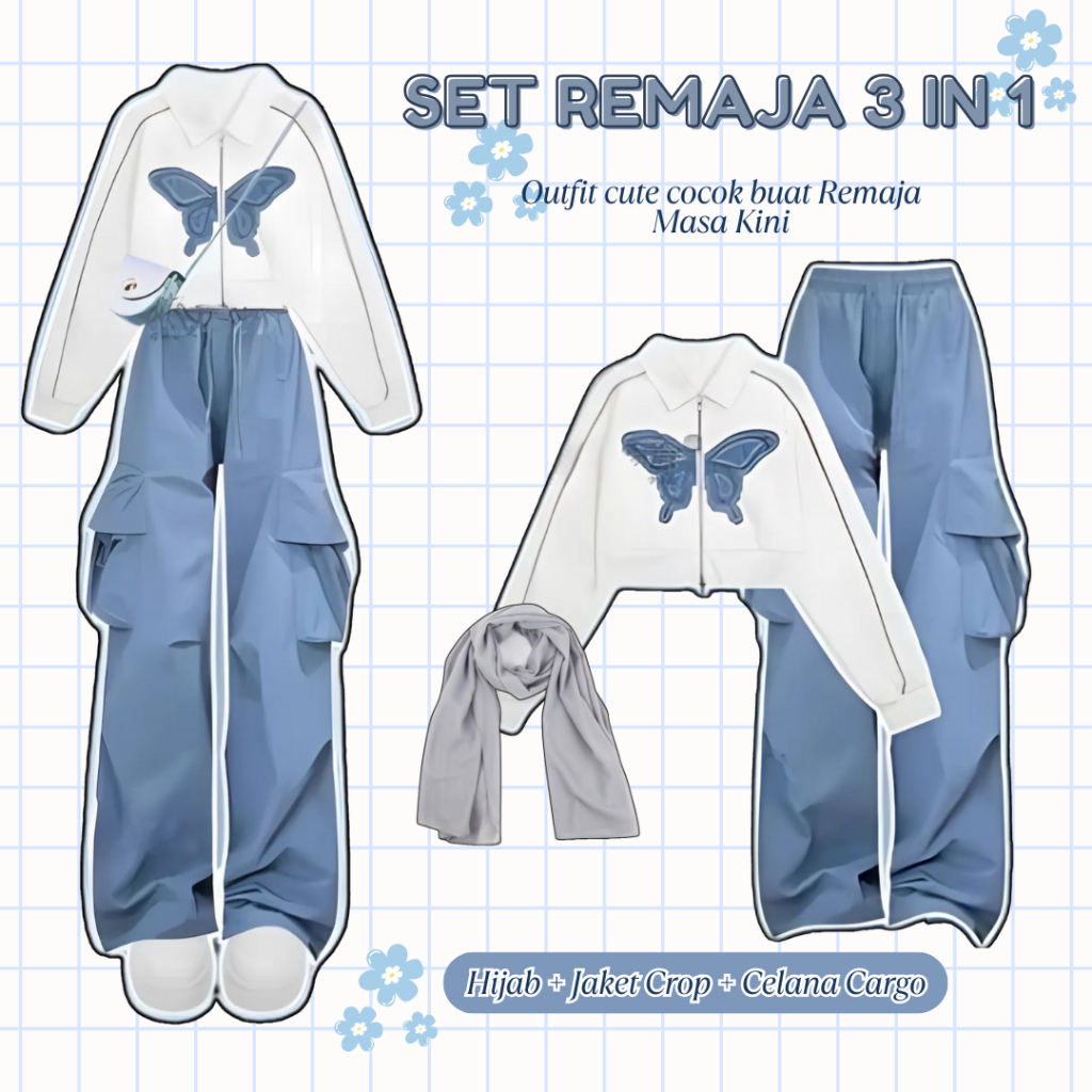 Set Outfit Remaja Hijab Casual  ( Jacket Crop Butterfly + Cargo Pants + Hijab ) OOTD Wanita ROS024