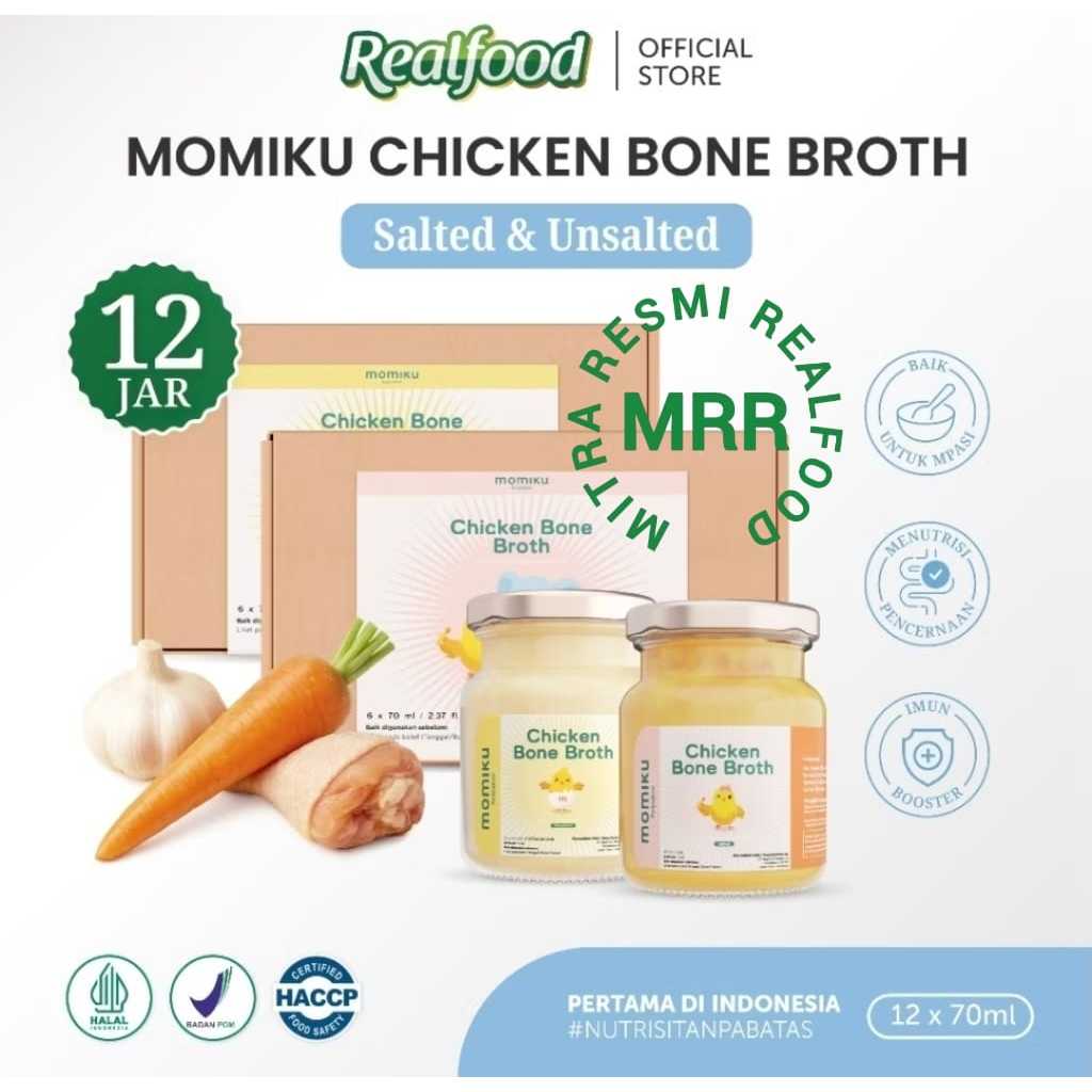 

Realfood Momiku Chicken Bone Broth Rasa Salted & Unsalted ( Mpasi Kaldu Tulang Ayam Rasa Asin & Tawar ) MRR