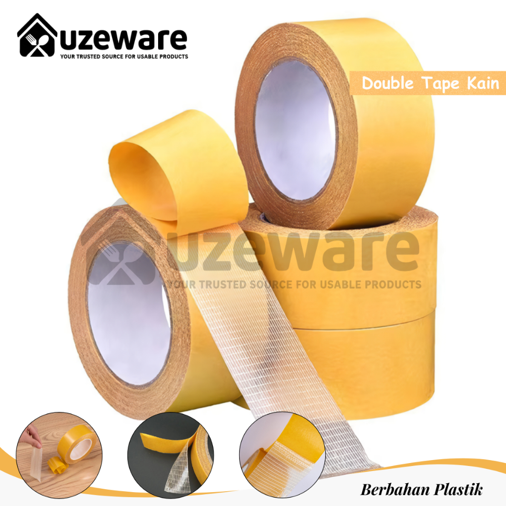 Uzeware Isolasi Double Tip Dinding Serbaguna Double Tape Kain Dua Sisi Lakban Kuning Perekat Kuat