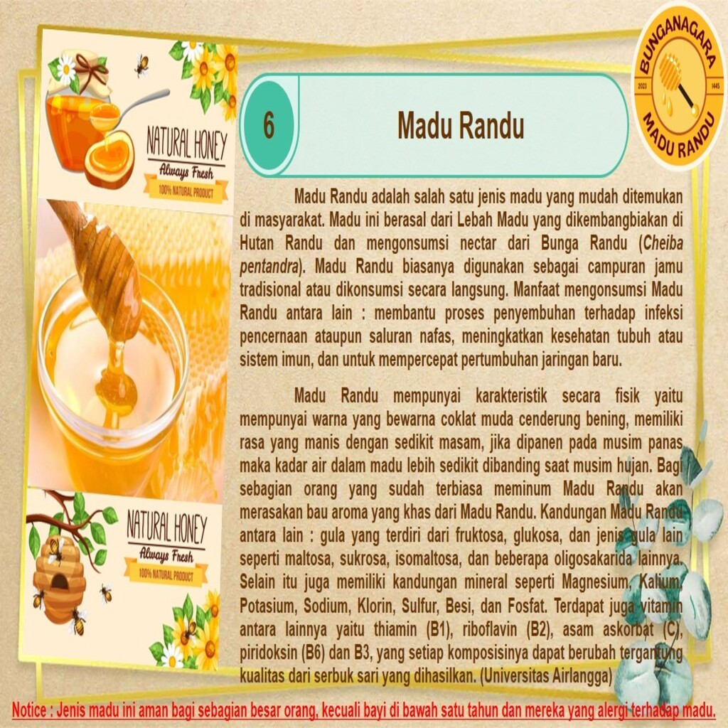 

MADU RANDU ASLI 300 ML = 0,5 KG | 700 ML = 1 KG | 1L = 1,5 KG BUNGANAGARA PURE HONEY