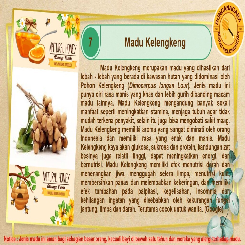 

MADU KELENGKENG ASLI 300 ML = 0,5 KG | 700 ML = 1 KG | 1L = 1,5 KG BUNGANAGARA PURE HONEY