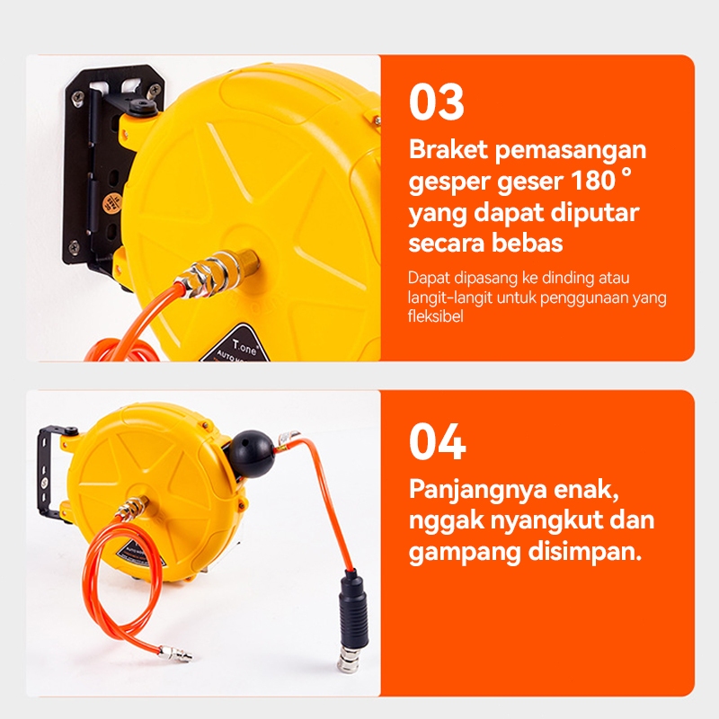 T-One Air Hose Reel Kompresor 10 Meter Tipe Aerojetpro / Selang Angin Gulung Otomatis / Selang Angin