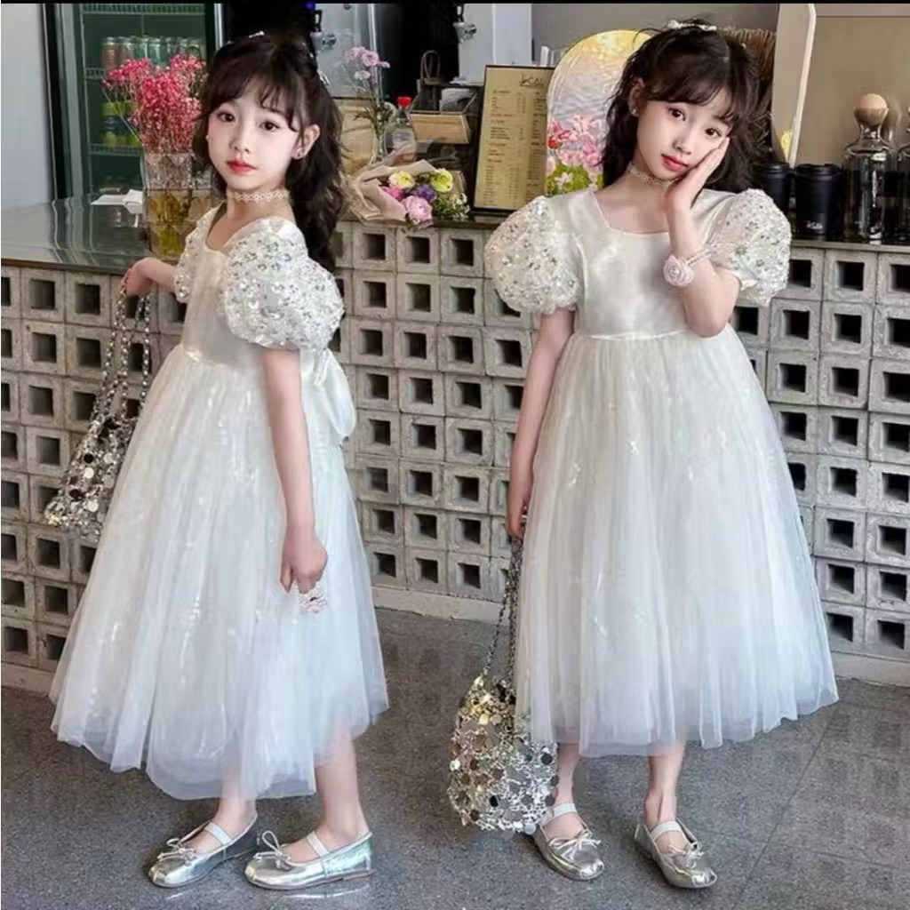 Dress Putih Pink Tile Payet Anak perempuan Mewah