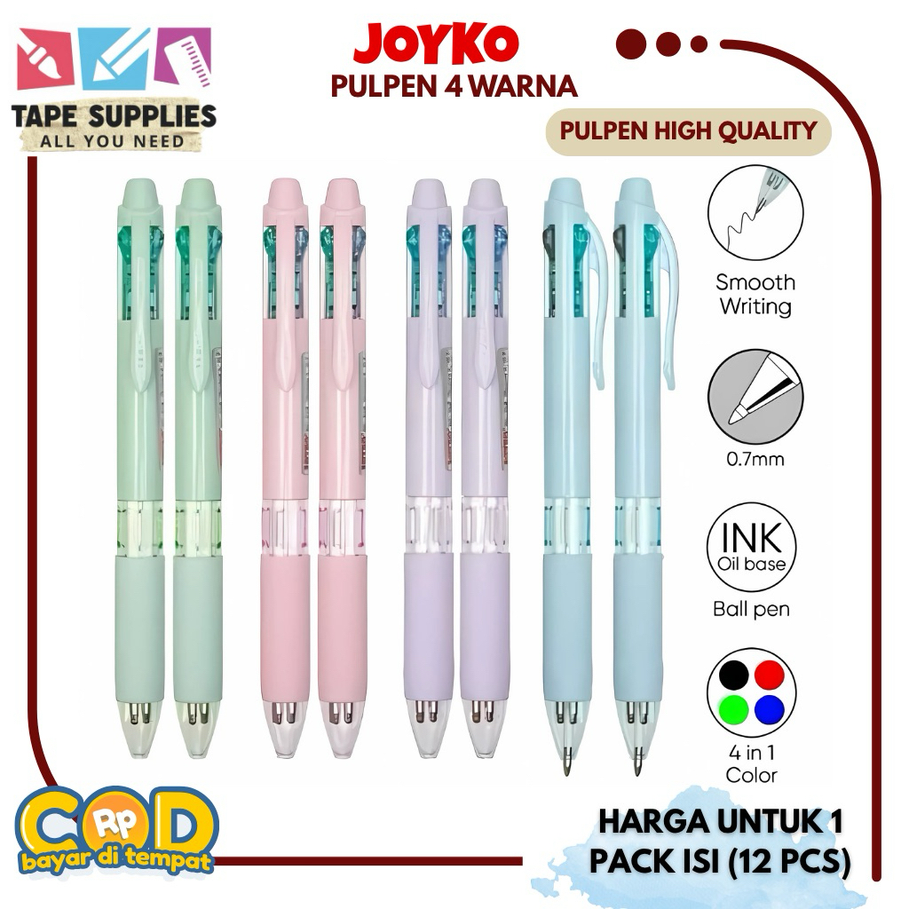 

(12pcs) PULPEN MAHAL BP-348 JOYKO - Pulpen 4 Warna