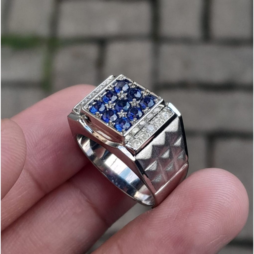 cincin berlian pria mata utama 9 pcs natural blue safir keliling berlian eropa ring perak ringsize 2