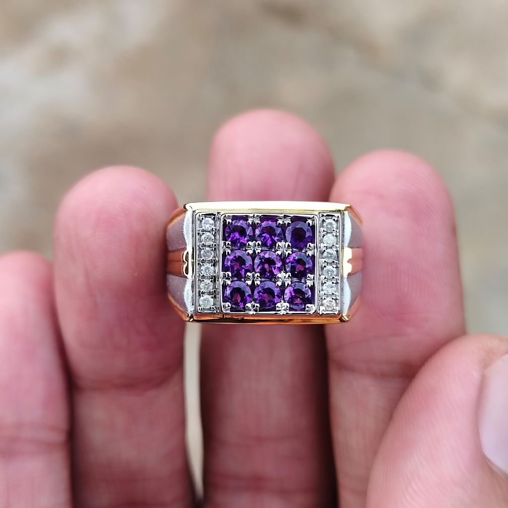 cincin berlian pria mata utama 9 pcs natural kecubung ungu keliling berlian eropa ring perak ringsiz