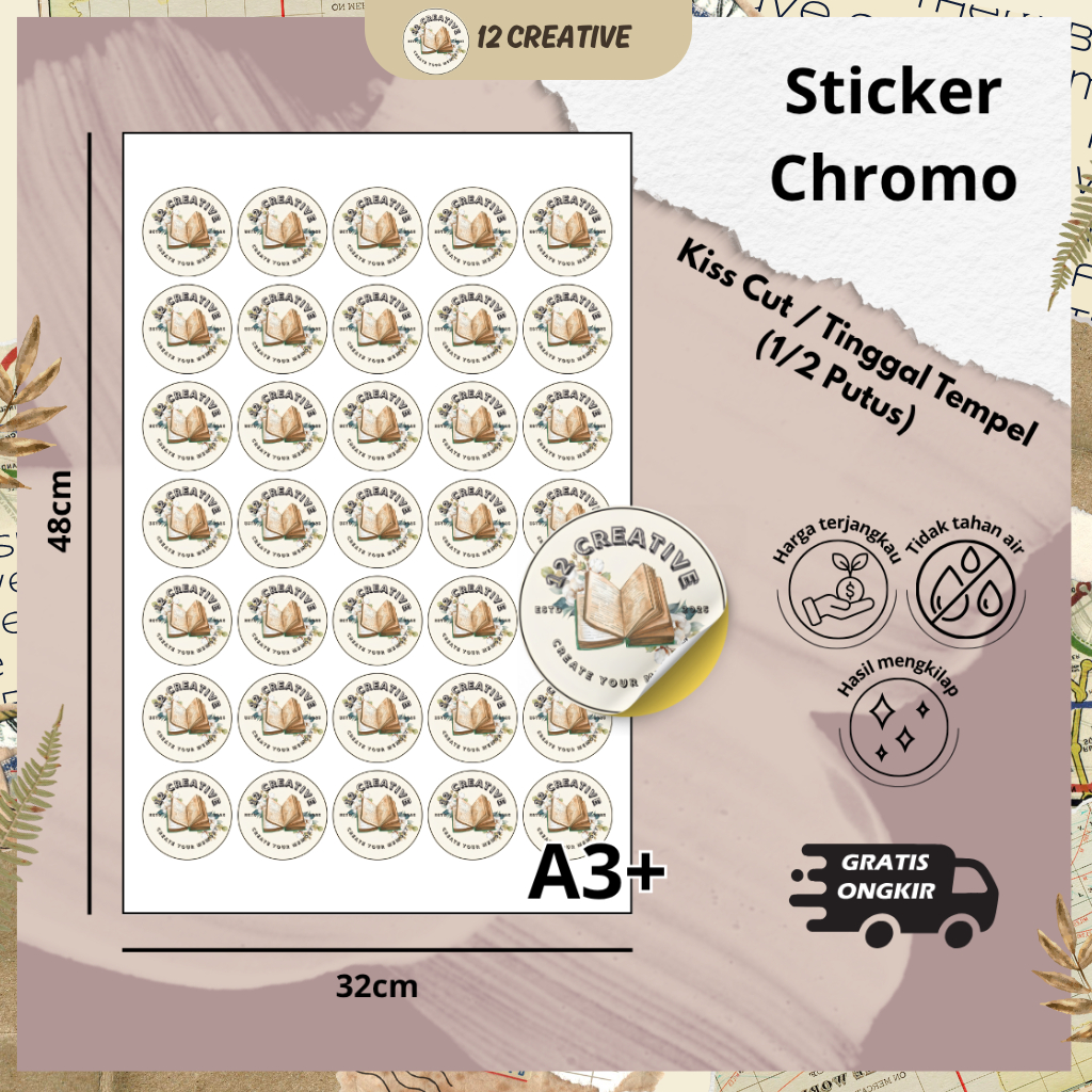 

[12 Creative] Cetak Stiker Chromo A3+ | Print Sticker Label Kromo Custom Logo Kiss Cut Glossy Murah