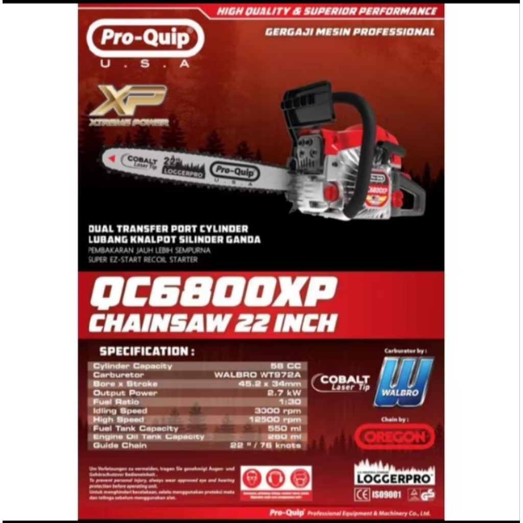 Mesin Senso 22 Inch Bar Laser Baja Rantai OREGON QC6800XP Pro Quip / Chainsaw 22 inch Bar Laser Baja