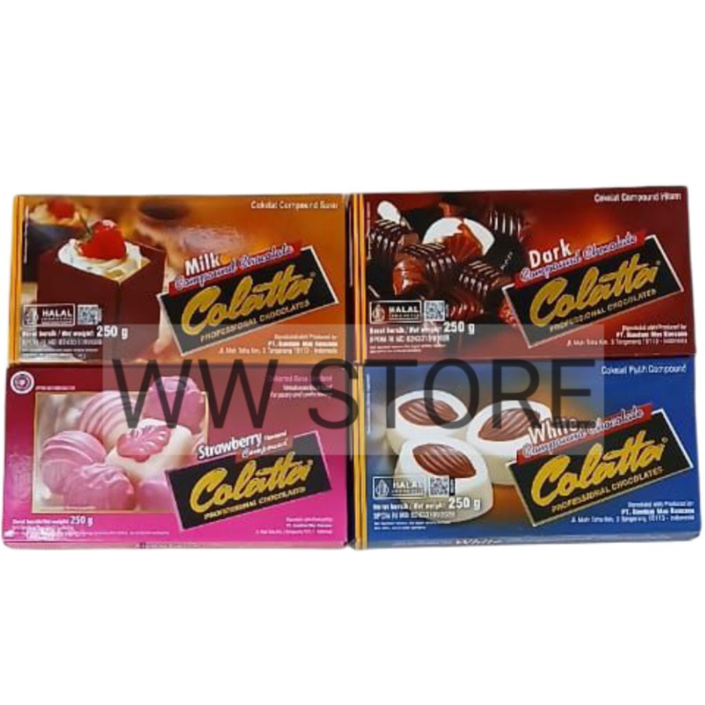 

Coklat cokelat paduan hitam putih susu dekorasi rasa stroberi halal MUI Colatta PROFESSIONAL CHOCOLATES Dark White Milk Strawberry Flavoured Compound Chocolate 250g