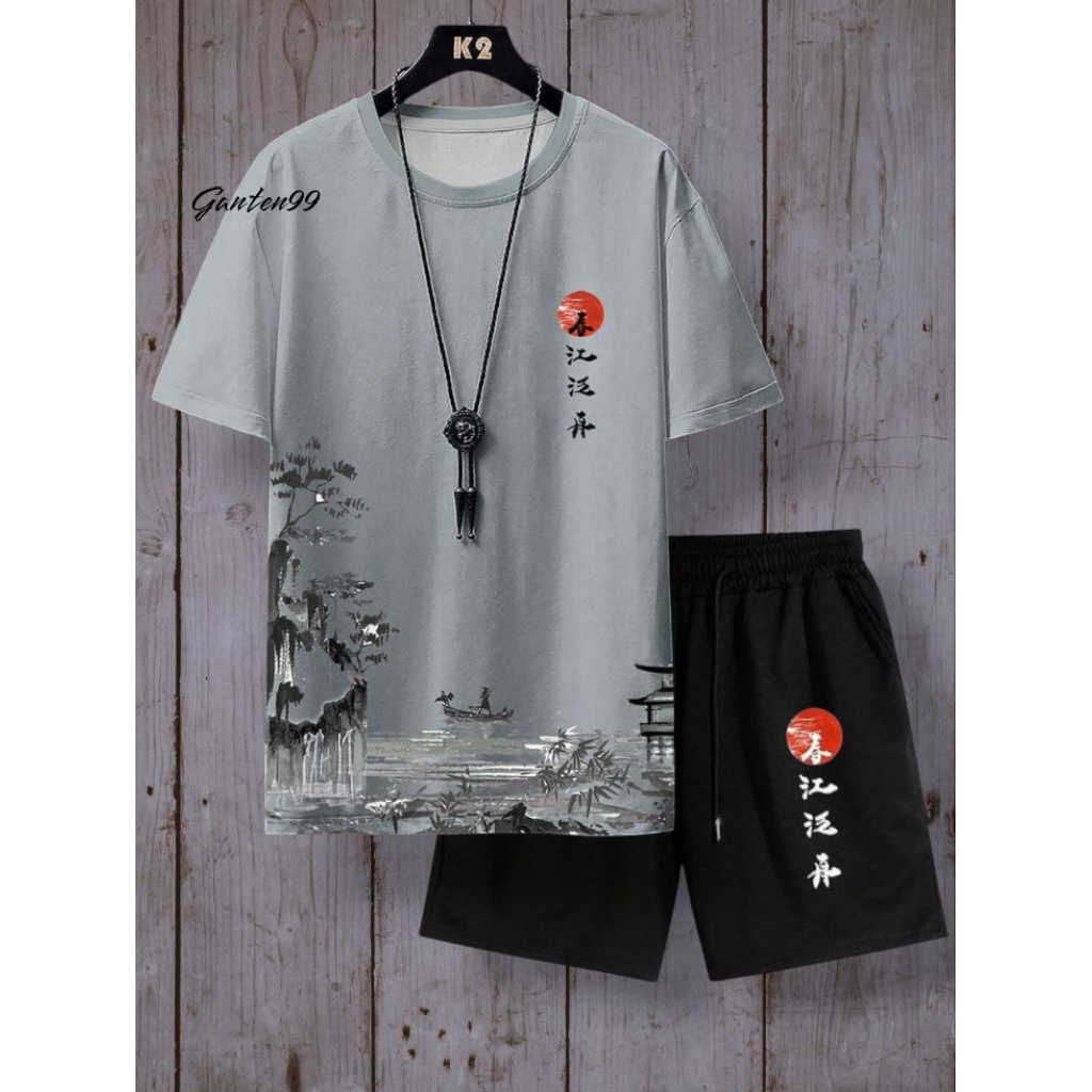 Stelan Pria Motif kaos Jepang Stelan terbaru Lengan Pendek Setelan Oblong  dengan Celana Pendek