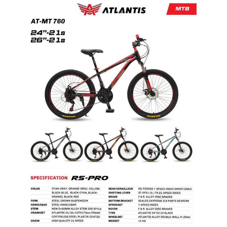 Sepeda Gunung ATLANTIS MTB Ukuran 24 inc / 26 inc AT-MT-760