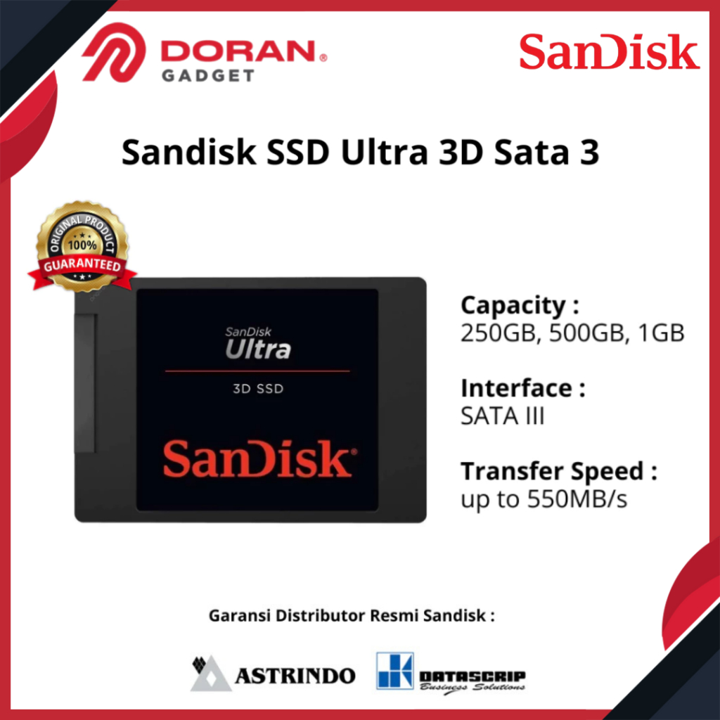 SanDisk Ultra 3D SSD 500GB 1TB - SDSSDH3-1T00 - Hitam