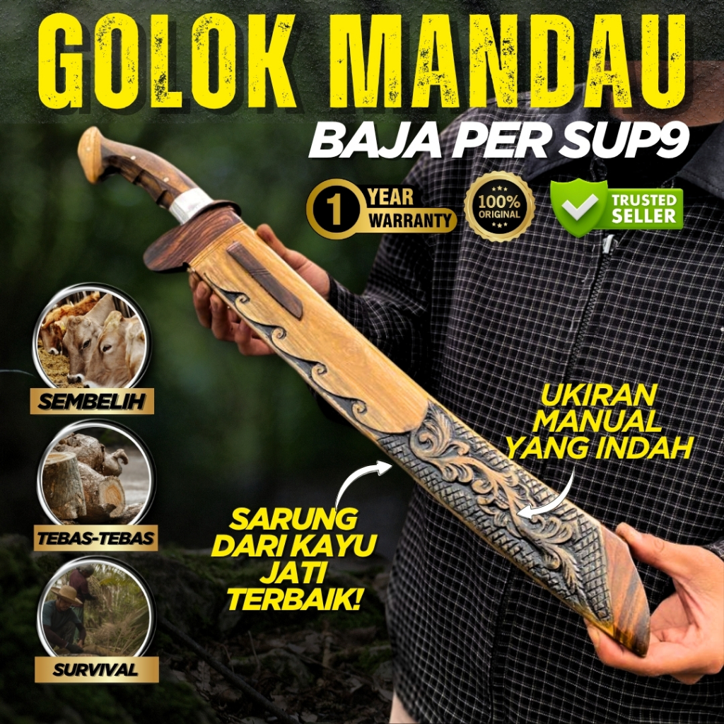 Golok Mandau Jati Ukir Khas Ciwidey Bahan Baja PER Asli