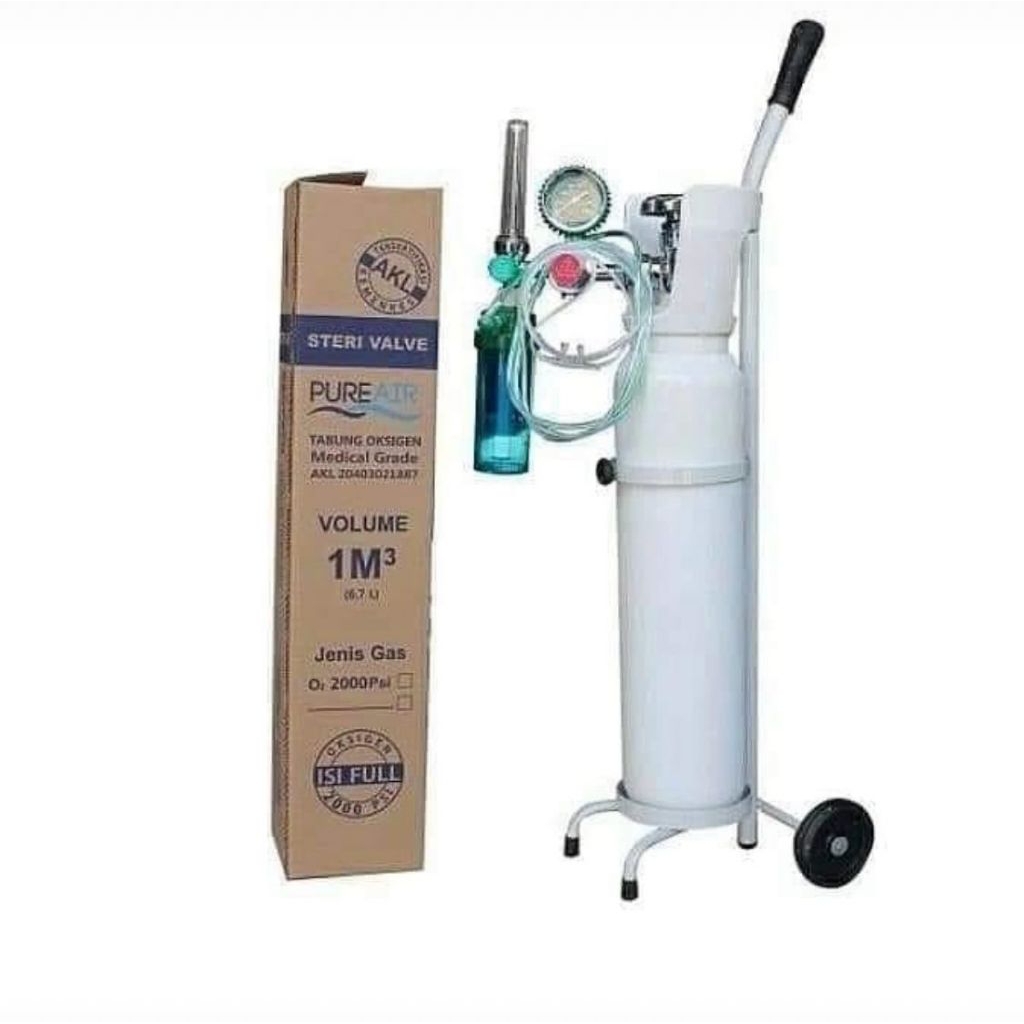 Lengkap Tabung Baru 1m3 Oksigen Oxygen Medis + Regulator Medis + Trolly Tabung