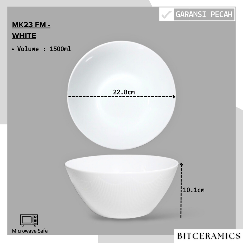 Mangkok Saji Keramik 22.8CM (1PCS) Putih By Indo Keramik / Mangkok Sayur / Mangkok Besar / Mangkok S