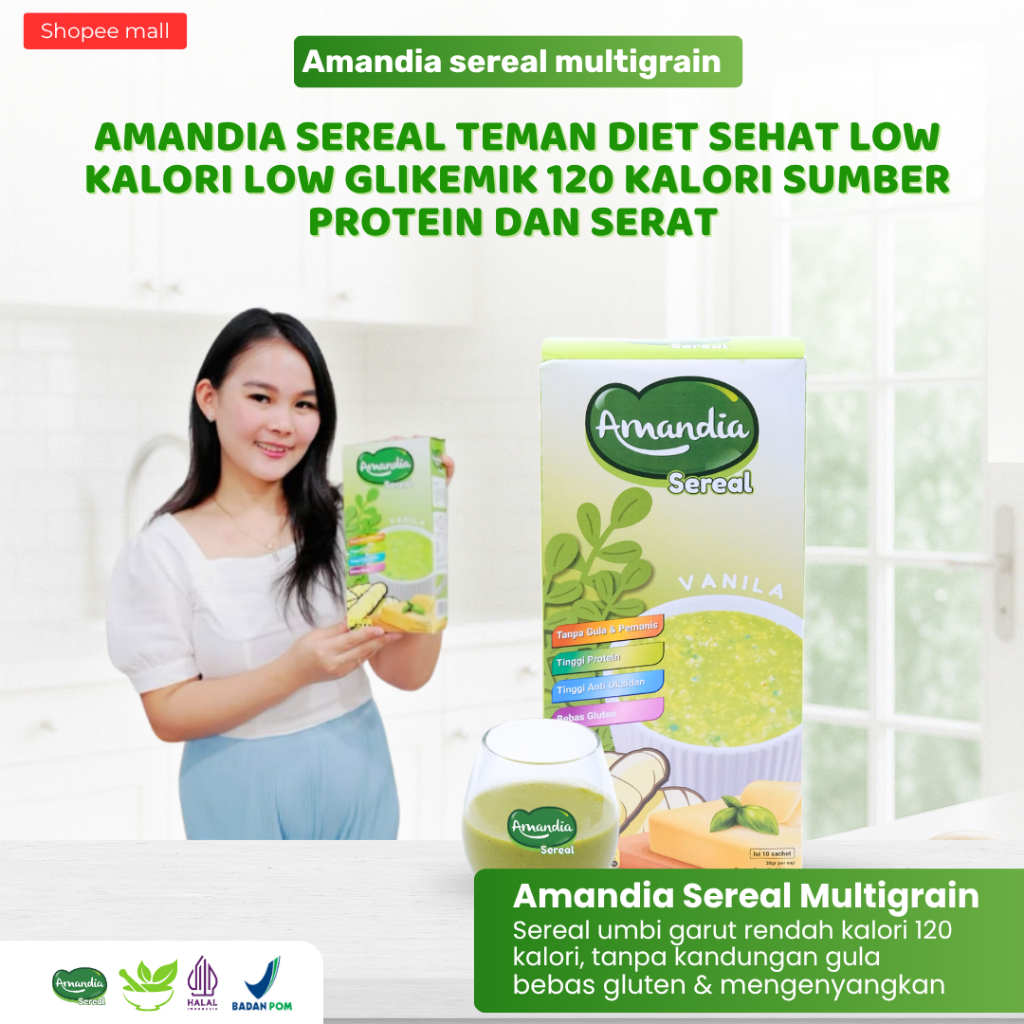 

Amandia Sereal Diet - 1 Box 300gr 10 Sachet - Nutrisi Lengkap, No Sugar, Umbi Garut Low Glikemik, Multigrain Sumber Protein dan Serat, Meal Replacement untuk Bantu Defisit Kalori, Halal & BPOM