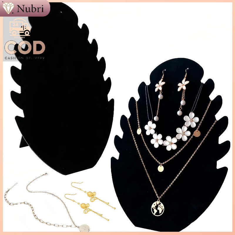 Nubri COD Display Perhiasan Kalung Anting Rak Aksesoris Hitam Beludru Pajangan Bros Daun Bertingkat