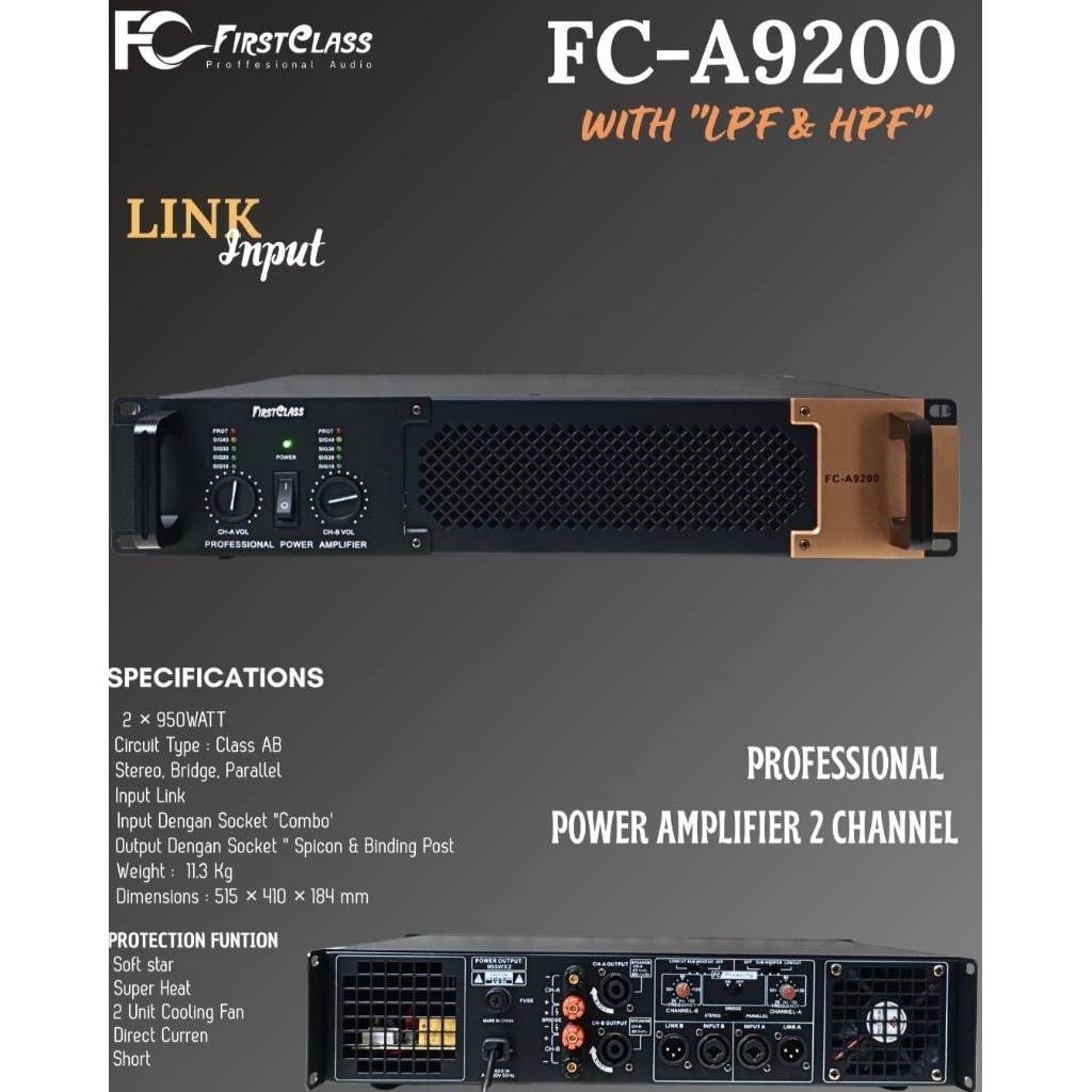 POWER AMPLIFIER FIRSTCLASS FCA9200 /FC A9200 2CHANNEL WITH CROSSOVER