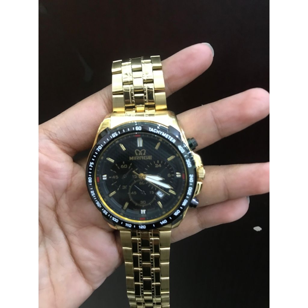 JAM TANGAN MIRAGE COWOK RANTAI GOLD CHRONOGRAPH FANTASI