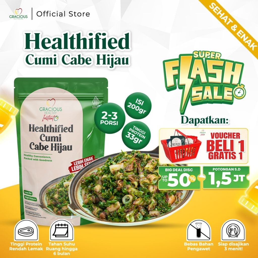 

Gracious Healthified Cumi Cabe Hijau - Protein 33gr (Makanan Instant Sehat Siap Saji)
