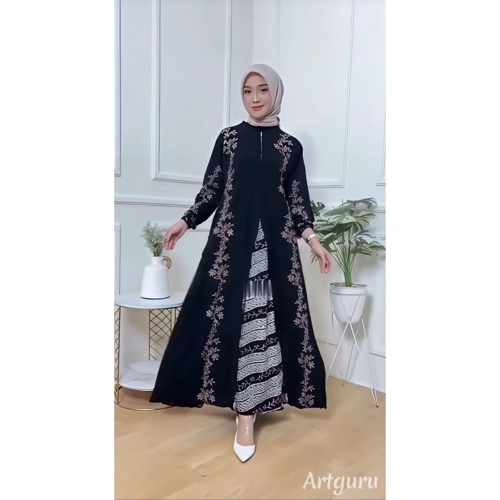 Baju Gamis Wanita Twill Ploi Batik Cap Malaman Ori Pekalongan Hitam