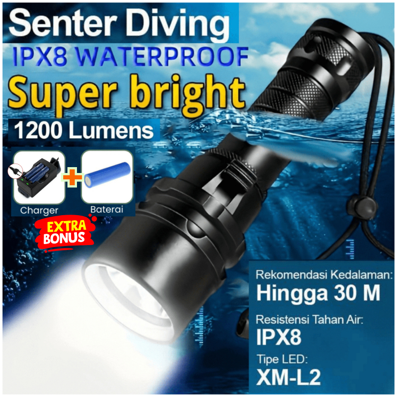 GO YUPARD G300 Senter Diving Selam Tahan Lama Super Terang Untuk Cari Ikan Malam Batre + Charger