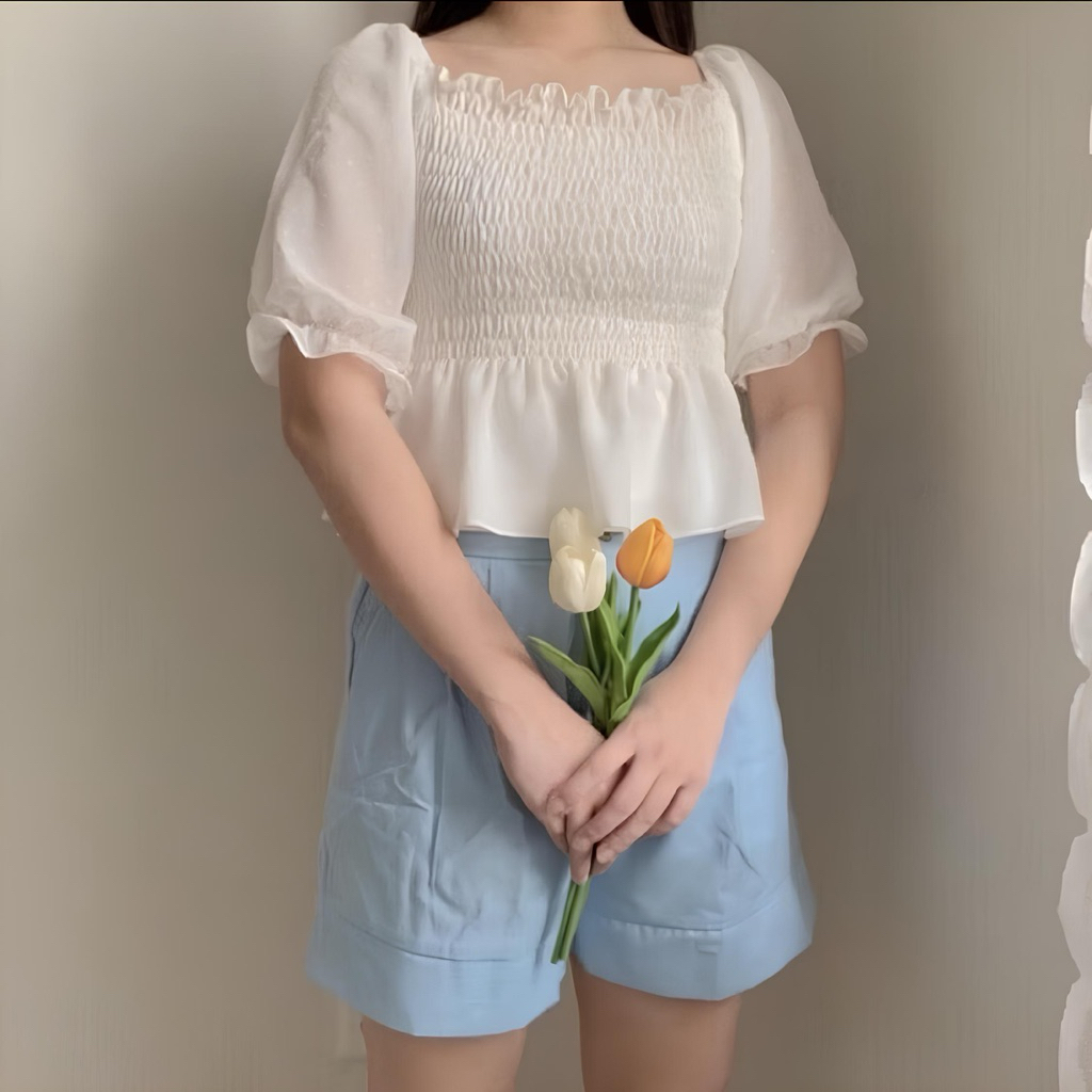 Korean Top Sabrina | Atasan Korea Lengan Balon Sabrina | Karina crop