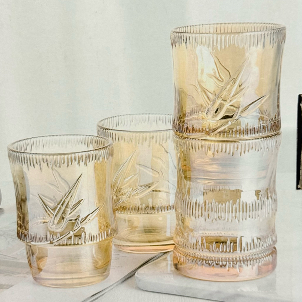 Satu Set Bamboo Glass Gelas Kaca Cantik Motif Daun Bamboo High Quality Set Kado isi 4