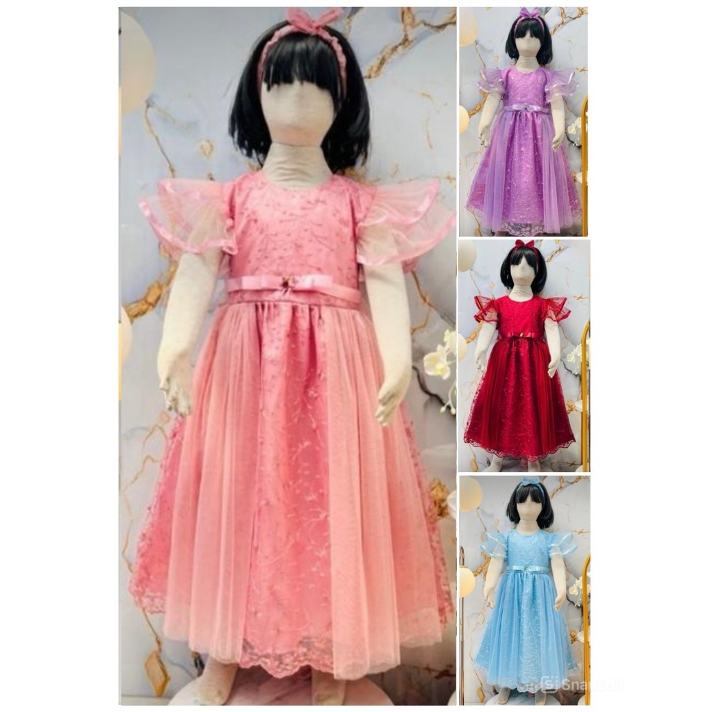 Gaun Pesta Brukat Untuk Anak Perempuan Usia 1-4 Tahun | Baju Gaun Model Lengan Pendek Kelopak Tingka
