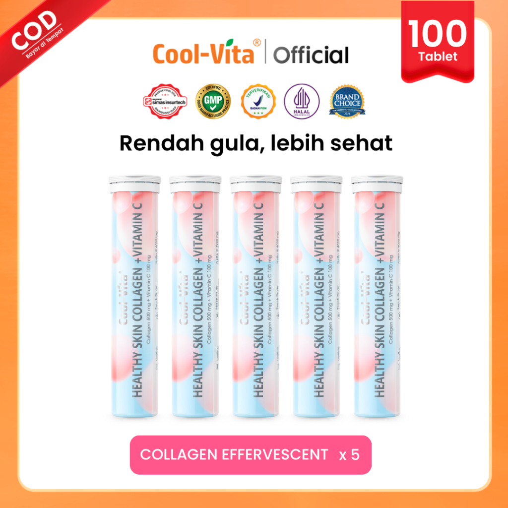 [Exclusive live] Coolvita Collagen Effervescent 5 Tube isi 100 Tablet Larut Kolagen + Vitamin C Rasa