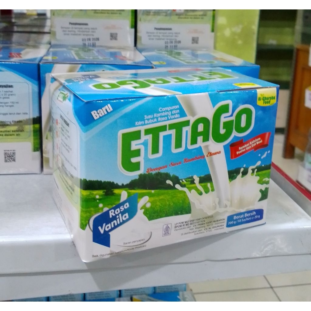 

Susu Kambing Ettawa Ettago sachet rasa Vanila, 1 kotak isi 10 sachet, netto 20 gr/sachet, BPOM RI MD, Halal