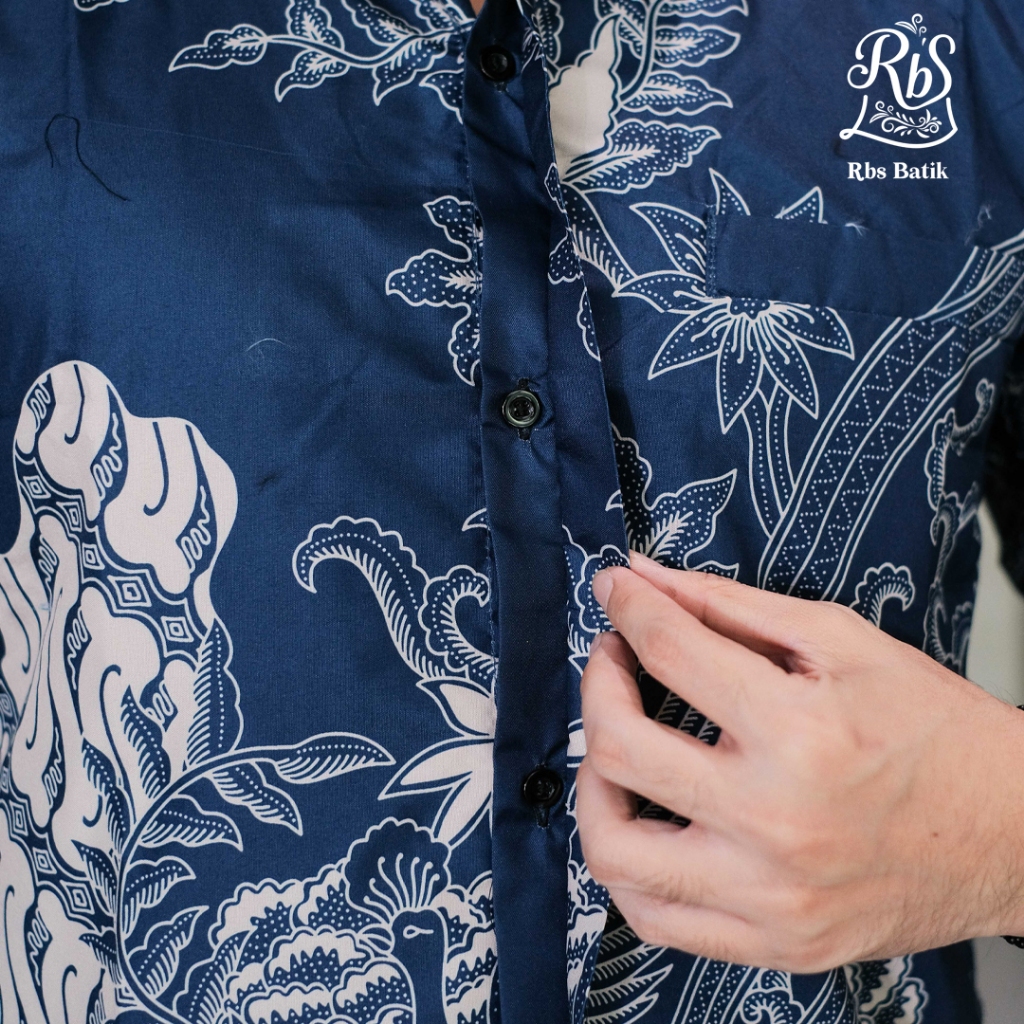 TERBARU RBS Batik - Kemeja Batik Pria Slimfit Lapis Furing Warna Biru Kombinasi Cream Gumantama