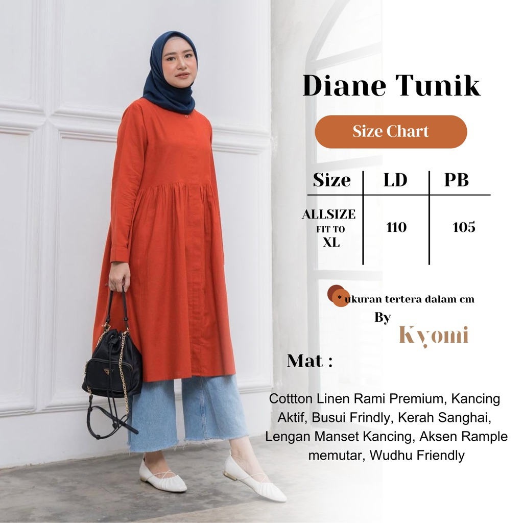 Diane Tunik Korean Style Bahan Linen Premium By Kyomi-Tunik Wanita Kekinian-Tunik Kancing Depan Full