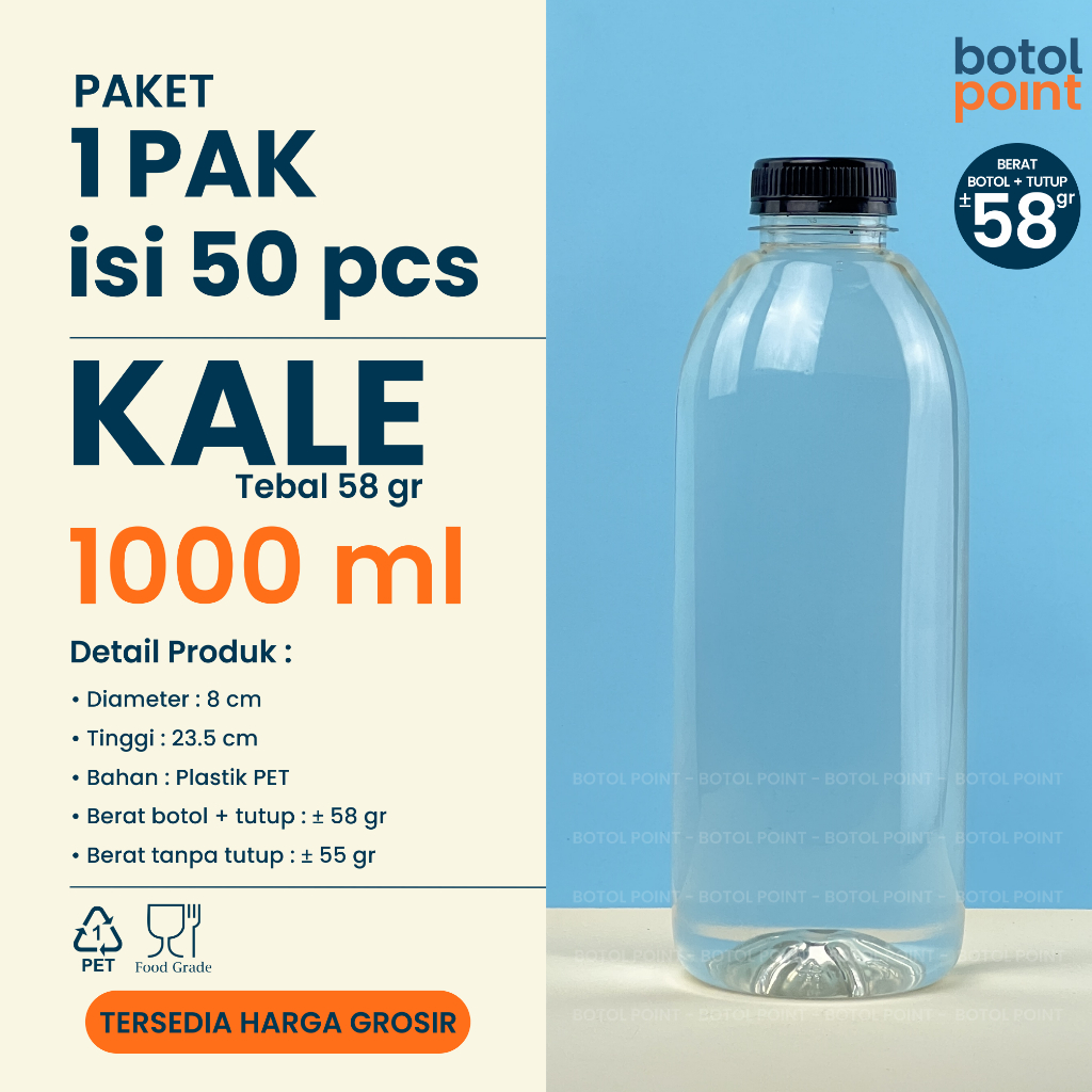 Botol Kale 1 Liter TEBAL - 1 PAK Isi 50 Pcs - Botol Plastik Kale 1000 ml GROSIR - Kemasan Minuman