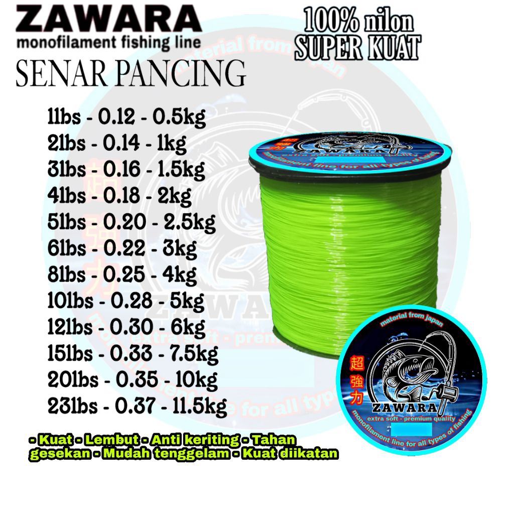 Senar pancing anti keriting hijau stabilo ZAWARA
